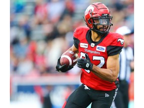 Calgary Stampeders Juwan Brescacin runs into the end zone for a touchdown against the Toronto Argonauts during CFL football in Calgary on Thursday, July 18, 2019. Al Charest/Postmedia
