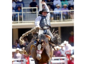 Kolby Wanchuk from Sherwood Park, AB, was the day winner for the Saddle Bronc event on day 7 of the 2019 Calgary Stampede rodeo Calgary on Thursday, July 11, 2019. Darren Makowichuk/Postmedia