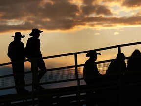 Cowboys and barn staff watch the racing from some bleachers near the barns during the GMC Rangeland Derby at the Calgary Stampede Sunday evening, July 7, 2019.