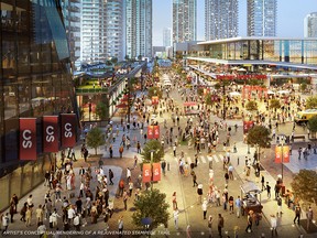 An artist's rendering of a rejuvenated Stampede Trail, including a proposed new event centre. Courtesy the City of Calgary.