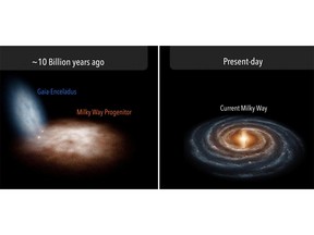 The merger of the Milky Way progenitor galaxy and the dwarf galaxy Gaia-Enceladus roughly 10 billion years ago (L) and the current appearance of the Milky Way galaxy (R) are shown in this artist's conception released by Instituto de Astrofisica de Canarias in La Laguna, Spain on July 22, 2019.   Courtesy Instituto de Astrofisica de Canarias/Handout via REUTERS