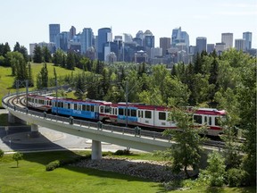 A CTrain rolls out of downtown Calgary.
