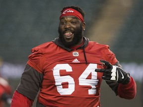 The Calgary Stampeders' Justin Renfrow (64) takes part in a team practice at Commonwealth Stadium, in Edmonton Friday November 23, 2018. The Stampeders will face the Ottawa Redblacks in the Grey Cup this Sunday. Photo by David Bloom