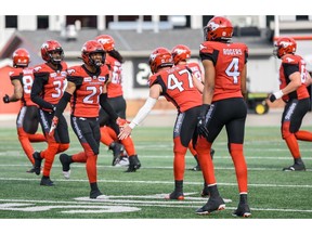 Calgary Stampeders Raheem Wilson celebrates with his team during a regular season game against Toronto Argonauts at McMahon Stadium on Thursday, July 18, 2019. Azin Ghaffari/Postmedia Calgary