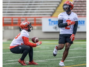 Calgary Stampeders running backs Terry Williams, left, and Romar Morris participate in team practice at McMahon Stadium on Tuesday, August 6, 2019. Azin Ghaffari/Postmedia Calgary