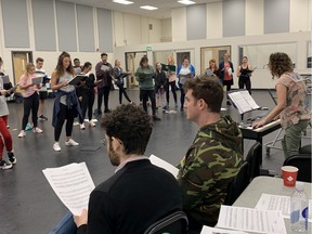 (front l to r) Broadway Dreams faculty Noah Himmelstein, Tyler Hanes, Lynne Shankel during rehearsal for Broadway Dreams.Photo, Chris Loach/Theatre Calgary