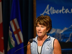 Energy Minister Sonya Savage talks to the media regarding government of Alberta's energy initiative at McDougall Centre in Calgary. Azin Ghaffari/Postmedia Calgary