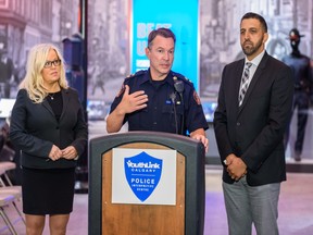 YouthLink Calgary Police Interpretive Centre executive director Tara Robinson, left, Calgary Police Services acting deputy chief Cliff O'Brien and City of Calgary councillor George Chahal speak to the media about launching a community safety presentation on Wednesday, August 21, 2019.