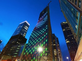 Artist Douglas Coupland's Northern Lights art installation on the TELUS Sky building in Calgary is tested on Thursday April 18, 2019. Gavin Young/Postmedia