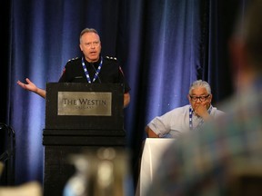 Keith Blake, Chief of Tsuut'ina Nation Police Service speaks during the opening of the 30th annual Canadian Association of Police Governance conference at the Westin Hotel in Calgary on Thursday August 8, 2019.