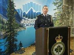 Calgary Police Chief Mark Neufeld speaks during the Canadian Association of Chiefs of Police annual conference at the Hyatt Regency hotel in Calgary.