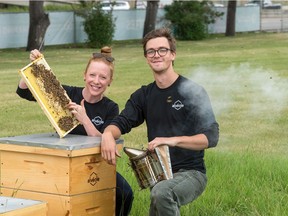 Lise Rajewicz and Liam Cobbe from Alveole are helping tend bee hives in Currie.