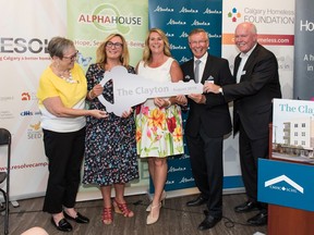 From left, Diana Krecsy, president and CEO, Calgary Homeless Foundation; Kathy Christiansen, executive director, Calgary Alpha House Society; Bernadette Majdell, CEO, HomeSpace Society; 
Jay Westman, chairman and CEO, Jayman Built; Alan Norris, chair, Resolve Campaign and chairman and CEO, Brookfield Residential Properties. Courtesy, Rob McMorris Photography