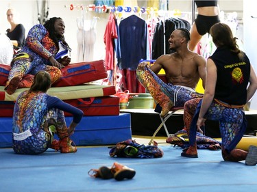 Performers warm-up and relax back stage before rehearsing Cirque Du Soleil's Luzia under the big top at Stampede Park in Calgary.