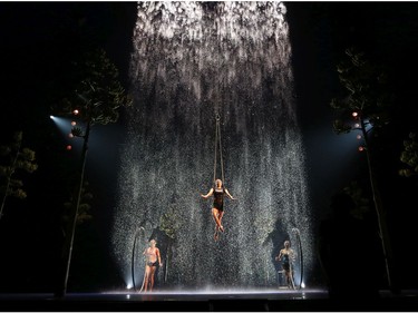 Performers rehearse a scene using a waterfall in Cirque Du Soleil's Luzia at Stampede Park in Calgary