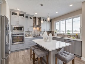 A kitchen in the Baldwin show home by Excel Homes in Midtown, in Airdrie.