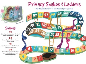 Privacy Snakes and Ladders is a twist on the classic childrenís game that helps players learn how to make smart privacy choices by climbing up a ladder when they make a good decision or sliding down a snake because they have shared a password with a friend, for example. (Supplied photo: Government of Alberta)