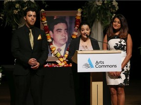 Kaajal, Aman and Priti Obhrai speak at their father MP Deepak Obhrai's memorial at the Jack Singer Concert Hall in Calgary on Monday August 26, 2019.