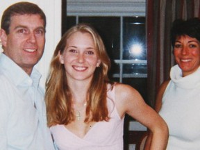 Prince Andrew, Duke of York, with his arm around Virginia Roberts, then 17, who claims she was paid by Jeffrey Epstein to have sex with the prince. On the right is Ghislaine Maxwell.