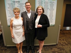 Pictured with reason to smile at the Priddis Greens Charity Classic held Aug 13-15 in support of Calgary's Prostate Cancer Centre are, from left, gala chair Elaine Schmitt, event chair Ross Babcock and centre executive director, Pam Heard. The terrific tournament raised $370,000. Since it's inception 20 years ago, the tournament has raised more than $7 million.