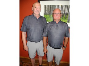 The 12th Annual Remington Charity Golf Classic held Aug 21 at Stewart Creek in Canmore netted $475,000 for the Prostate Cancer Centre. Pictured with reason to smile are tournament co-founders, Randy Remington, Remington Development Corporation chairman and long time pal Randy Magnussen.