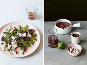 Soft cheese salad with blackberries, mint and nibs, left, and malted chocolate fudge sauce from Cocoa.