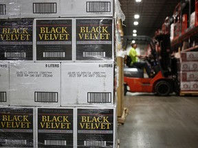 A pallet of Black Velvet whisky sits in a warehouse in Louisville, Kentucky.