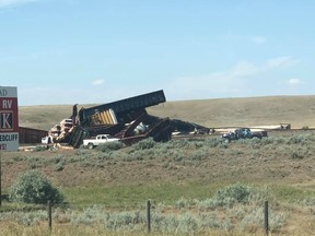 This photo submitted by Trehia Stevenson of Lethbridge shows some of the damage caused after a train derailment near the hamlet of Irvine.