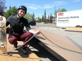 Jeff Hanson with the Calgary Association of Skateboarding Enthusiasts poses for a photo in the Mobile Skate Park set up in Ranchlands on Monday, August 5, 2019. Brendan Miller/Postmedia