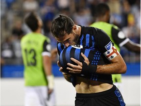 Jul 24, 2019; Montreal, Quebec, Canada; Montreal Impact midfielder Ignacio Piatti (10) reacts after scoring a goal against York9 FC on a penalty kick during the second half at Saputo Stadium. Mandatory Credit: Eric Bolte-USA TODAY Sports ORG XMIT: USATSI-404936