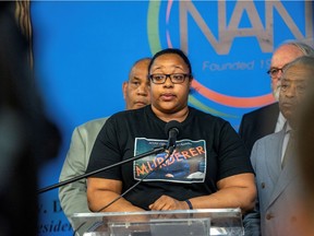 Eric Garner's daughter, Emerald Snipes speaks at a news conference after the New York Police Department announced the firing of Daniel Pantaleo, who used a deadly chokehold on Eric Garner, while trying to arrest him in 2014 in New York, U.S. August 19, 2019.