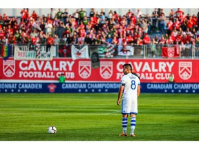 Aug 14, 2019; Calgary, Alberta, CAN; Montreal Impact midfielder Saphir Taider (8) ready to play the ball against the Cavalry FC during the first half during the Canadian Championship Semi-final soccer match at Spruce Meadows. Mandatory Credit: Sergei Belski-USA TODAY Sports for CPL ORG XMIT: USATSI-406479