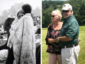 Nick and Bobbi Ercoline, the couple featured on the Woodstock album cover, pose together at the site where the photo was taken 50 years ago, in Bethel, New York.