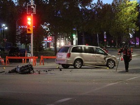 Calgary police investigate a fatal motorcycle collision on Sept, 19 2019 at the intersection of Midpark Blvd. and Midlake Blvd S.E. A 30-year old motorcyclist was pronounced dead on scene. (Zach Laing / Postmedia Network)
