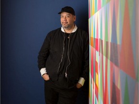 Artist Jeffrey Gibson in 2017 during exhibition of his work at Marquette University's Haggerty Museum of Art in Milwaukee, Wisconsin. Photo by Kevin J. Miyazaki.
