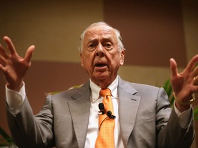 FILE - SEPTEMBER 11, 2019:  T. Boone Pickens, the colorful billionaire philanthropist and corporate raider who made his money in oil, died today in his home in Dallas. He was 91. OKLAHOMA CITY, OK - MAY 22:  Founder and Chairman of BP Capital Management T. Boone Pickens participate in a discussion during a "birthday bash" to celebrate his birthday at the 2015 Southern Republican Leadership Conference May 22, 2015 in Oklahoma City, Oklahoma. About a dozen possible presidential candidates will join the conference and lobby for supports from Republican voters.