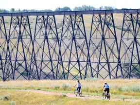 Biking in the coulee near the High Level Bridge in Lethbridge. Credit: Andrew Penner