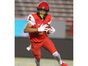 Dino's Receiver Jalen Philpot runs the ball during the 2nd half of action as the U of C Dino's beat the University of Manitoba Bisions 24-10 at McMahon Stadium on Friday, September 6, 2019. Brendan Miller/Postmedia