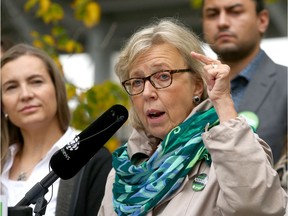 Green Party leader Elizabeth May gestures as she speaks during a campaign stop outside Sunalta LRT station near downtown Calgary on  Friday, September 20, 2019.