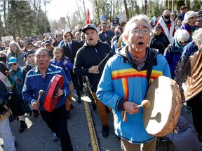 Indigenous leaders, Coast Salish Water Protectors and others demonstrate against the expansion of the Trans Mountain pipeline project in Burnaby, B.C.