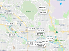 Screenshot of some Airbnb rentals on offer in Calgary.