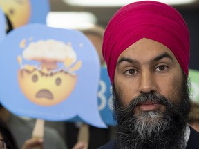 NDP Leader Jagmeet Singh responds to a question during a campaign stop in Toronto, Friday, September 13, 2019.