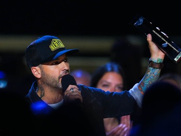 Dallas Smith accept the award for entertainer of the year during the Canadian Country Music Awards in Calgary on Sunday, September 8, 2019. Al Charest / Postmedia