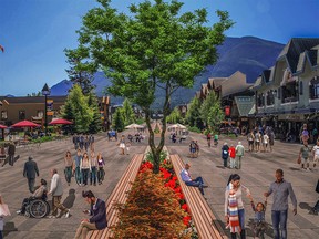 Artist's concept of a car-free Banff Avenue, looking south from Wolf Street.