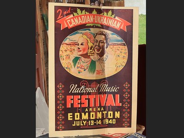 A poster for the 1940 Canadian-Ukrainian National Music Festival in Edmonton was with other items that Alex Clarke found in a treasure trove of old newspapers and magazines from the 1930’s and 1940’s while demolishing a garage in Bridgeland on Tuesday, September 17, 2019. The vintage items had been used as insulation in the walls but were well preserved.