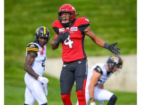 Calgary Stampeders receiver Eric Rogers celebrates after his touchdown against the Hamilton Tiger-Cats during CFL football in Calgary on Saturday, September 14, 2019. Al Charest/Postmedia