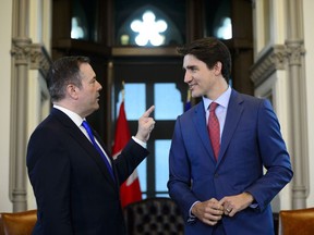 Prime Minister Justin Trudeau meets with Alberta Premier Jason Kenney in his office on Parliament Hill in Ottawa on May 2, 2019. Kenney says Justin Trudeau's penchant for wearing blackface and his embarrassing behaviour should make it easier for Canadian voters to make the right choice in this election campaign.