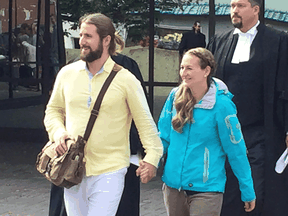 David and Collet Stephan leave court in Lethbridge on Sept. 19, 2019 after being acquitted in the second trial of failing to provide the necessaries of life to their 19-month-old son Ezekiel.