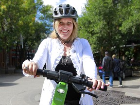 Post media columnist Licia Corbel tries out one of the new e-scooters that has been very popular throughout Calgary since their debut in July.  Wednesday, September 4, 2019. Dean Pilling/Postmedia