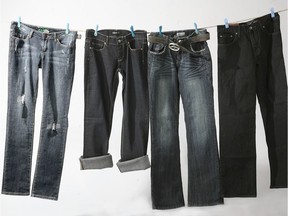 CNS-FASHION-JEANS -- OTTAWA, ON. AUG 18, 2009 --- Affordable jeans for under $40 for Back-To-School theme.  Left to right: Ripped Super Skinny Jeans, #36.90, Garage; Stetch Jeans, $38, Jacob Connexion; Blue Crush, $29.97, G.T. Express; Straight fit for him, $39.50, Old Navy.